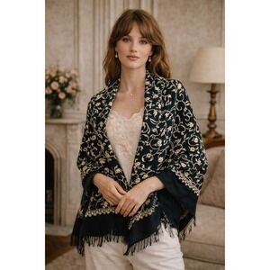 Vintage Black Embroidered Scarf Shawl Floral Gold Tones Fringed Elegant